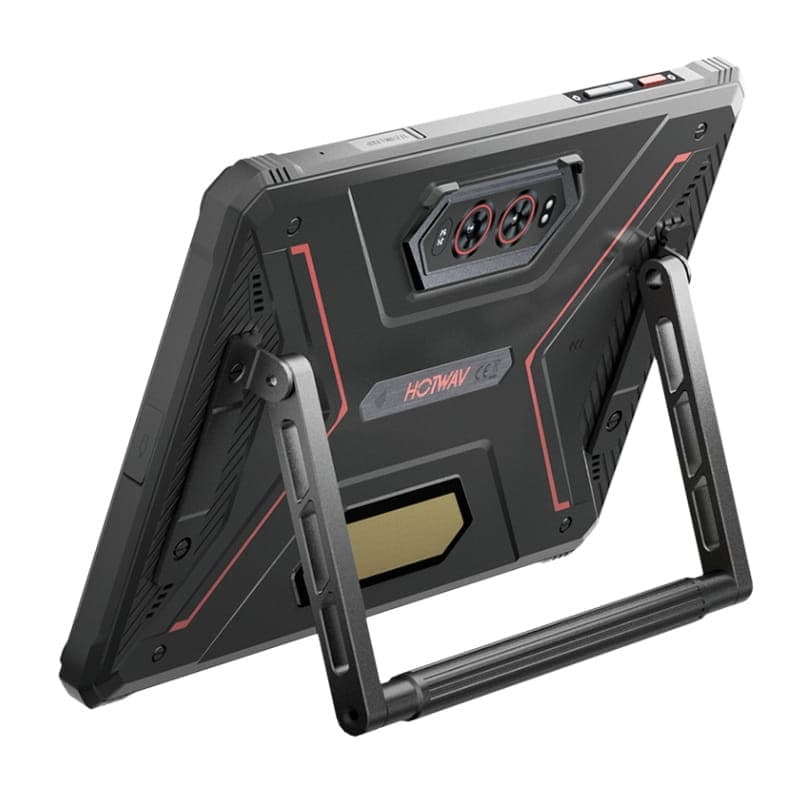 Hotwav R9 Ultra 11 8GB 512GB 5G Vermelho Rugged com suporte traseiro robusto, acabamento preto com detalhes vermelhos e módulo de câmera tripla